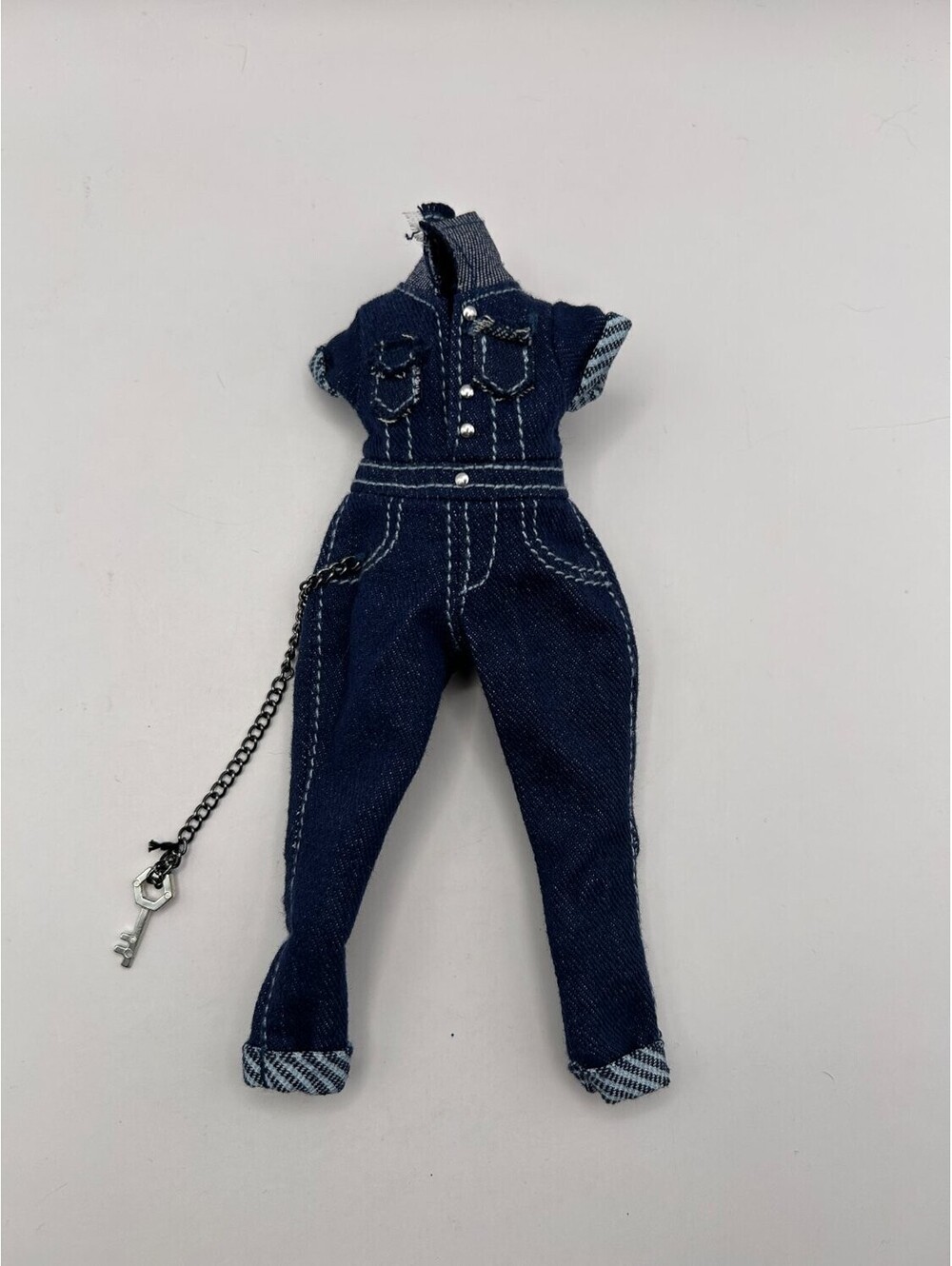 Fashion Doll Blue Denim Jumpsuit Wallet Chain Key Charm Short Sleeve Doll Outfit